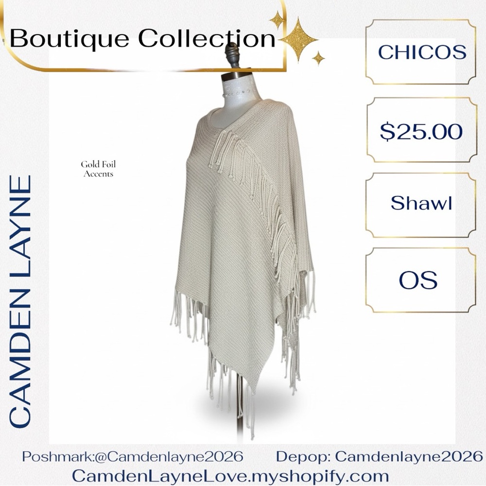 Chico's Cream Shawl Cape with Gold Accents - Picture 5 of 7